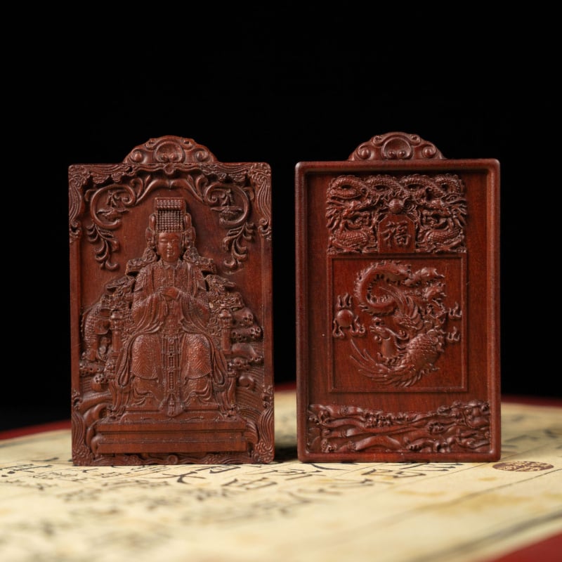 Mazu privjesak od jujube drveta – finomno graviran talisman, taoistički ritualni amulet, dvostrani reljef feniksa