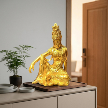 Statuetă Guanyin din rășină, finisaj auriu, pentru living, stil Zen chinezesc, piesă de artă budistă