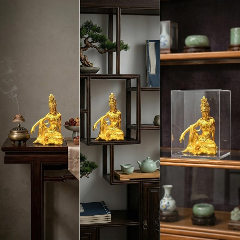 Statuetă Guanyin din rășină, finisaj auriu, pentru living, stil Zen chinezesc, piesă de artă budistă