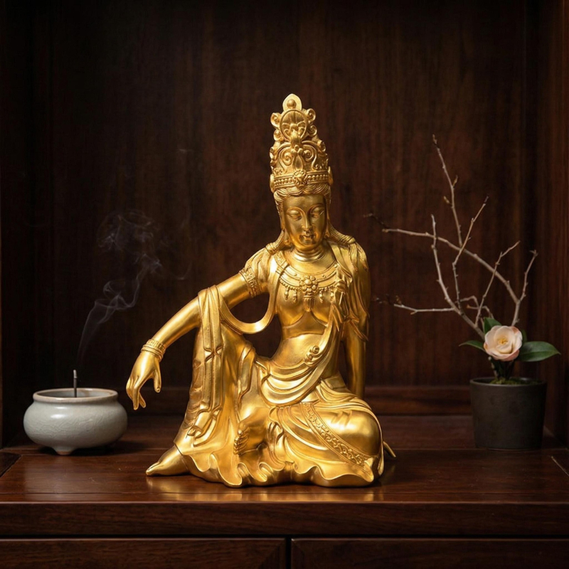 Statuetă Guanyin din rășină, finisaj auriu, pentru living, stil Zen chinezesc, piesă de artă budistă