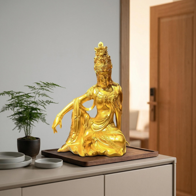 Statuetă Guanyin din rășină, finisaj auriu, pentru living, stil Zen chinezesc, piesă de artă budistă