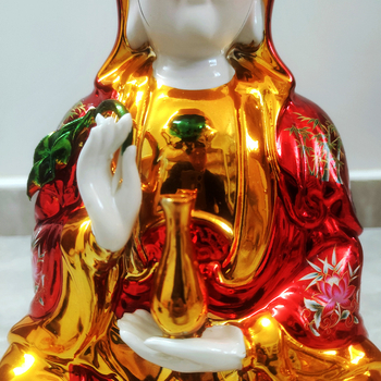 Statuie ceramică placată cu aur, roșie, Bodhisattva Guanyin, zeița bogăției și Avalokiteshvara, realizată manual, decor pentru casă – sufragerie