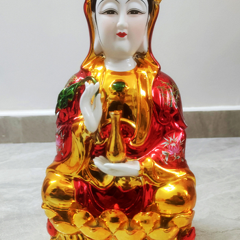 Statuie ceramică placată cu aur, roșie, Bodhisattva Guanyin, zeița bogăției și Avalokiteshvara, realizată manual, decor pentru casă – sufragerie