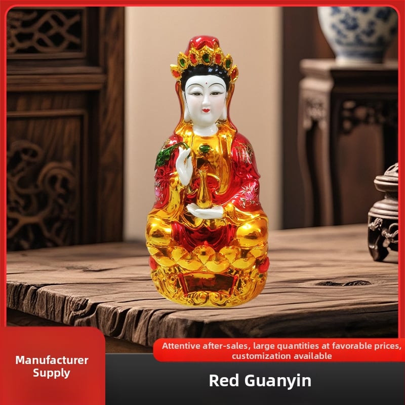 Keramická socha Bodhisattvy Guan Yin s pozláteným povrchom, červená farba, bohyňa bohatstva a Avalokiteshvara, ručne vyrobená dekorácia do domácnosti – Buddha socha do obývačky