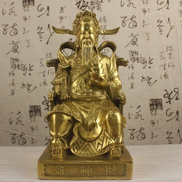 Statuetă din alamă a Zeului Bogăției pentru decor de casă, stil chinezesc, lucrată manual
