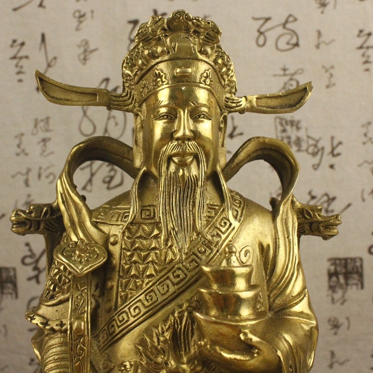 Statuetă din alamă a Zeului Bogăției pentru decor de casă, stil chinezesc, lucrată manual