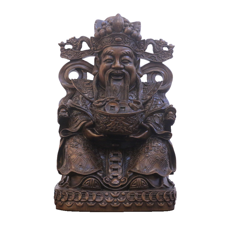 Figurină a Zeului Bogăției din rășină cu aspect de lemn de santal – stil Chinezesc, pentru altarul de acasă