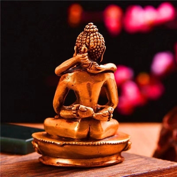 Statuetă Buddha din cupru placată cu aur, lucrată manual în Nepal, corp dublu Pu Xian King Tathagata, pentru altarul de acasă, mică