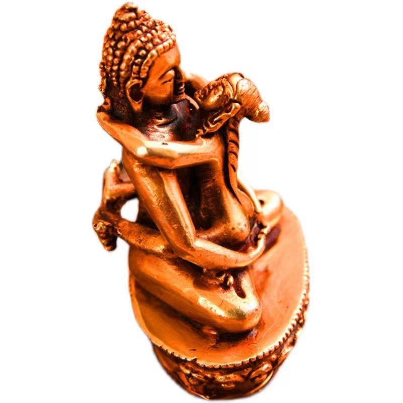 Statuetă Buddha din cupru placată cu aur, lucrată manual în Nepal, corp dublu Pu Xian King Tathagata, pentru altarul de acasă, mică