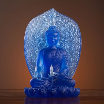 Budha Medic, așezat pe un lotus, cu panou din sticlă în spate, statuetă pentru altarul din templu sau decor de masă acasă
