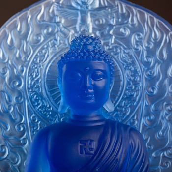 Budha Medic, așezat pe un lotus, cu panou din sticlă în spate, statuetă pentru altarul din templu sau decor de masă acasă