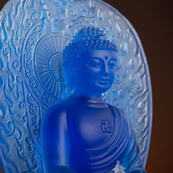 Budha Medic, așezat pe un lotus, cu panou din sticlă în spate, statuetă pentru altarul din templu sau decor de masă acasă