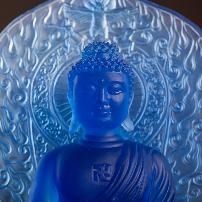 Budha Medic, așezat pe un lotus, cu panou din sticlă în spate, statuetă pentru altarul din templu sau decor de masă acasă