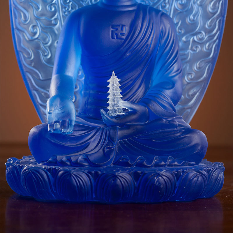 Budha Medic, așezat pe un lotus, cu panou din sticlă în spate, statuetă pentru altarul din templu sau decor de masă acasă