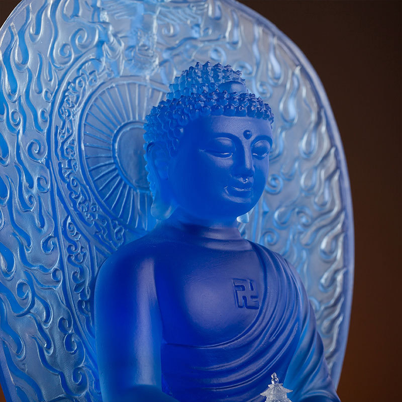 Budha Medic, așezat pe un lotus, cu panou din sticlă în spate, statuetă pentru altarul din templu sau decor de masă acasă