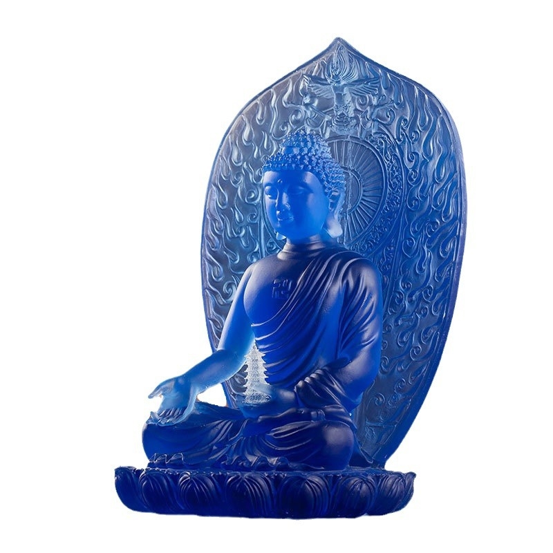 Budha Medic, așezat pe un lotus, cu panou din sticlă în spate, statuetă pentru altarul din templu sau decor de masă acasă