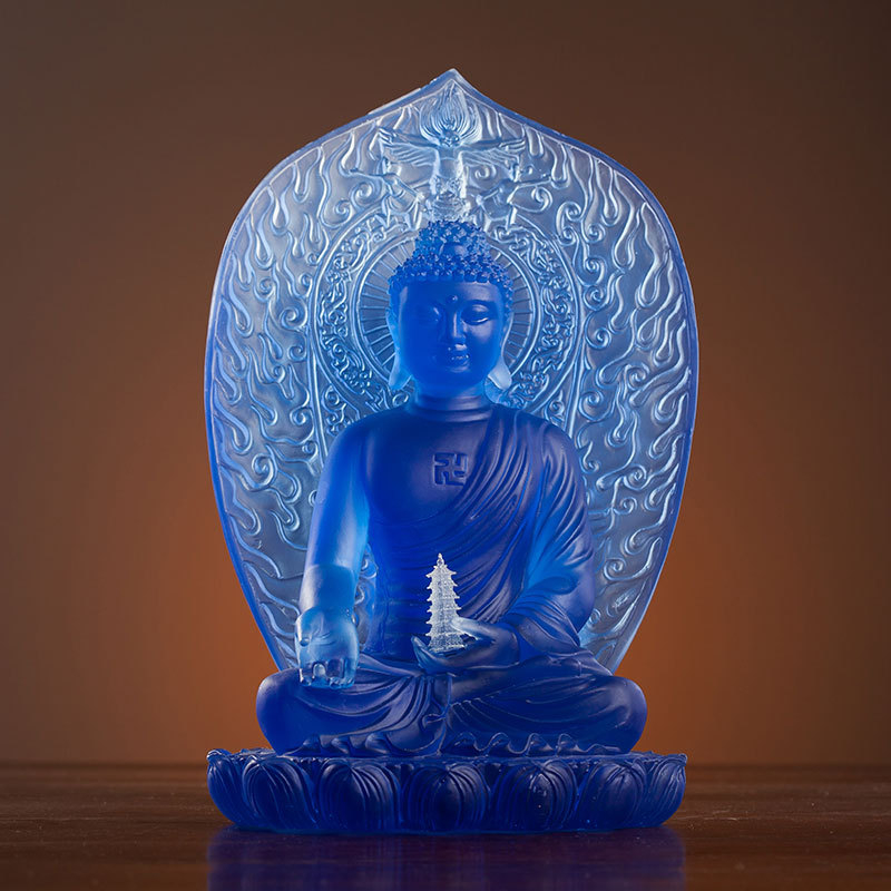 Budha Medic, așezat pe un lotus, cu panou din sticlă în spate, statuetă pentru altarul din templu sau decor de masă acasă