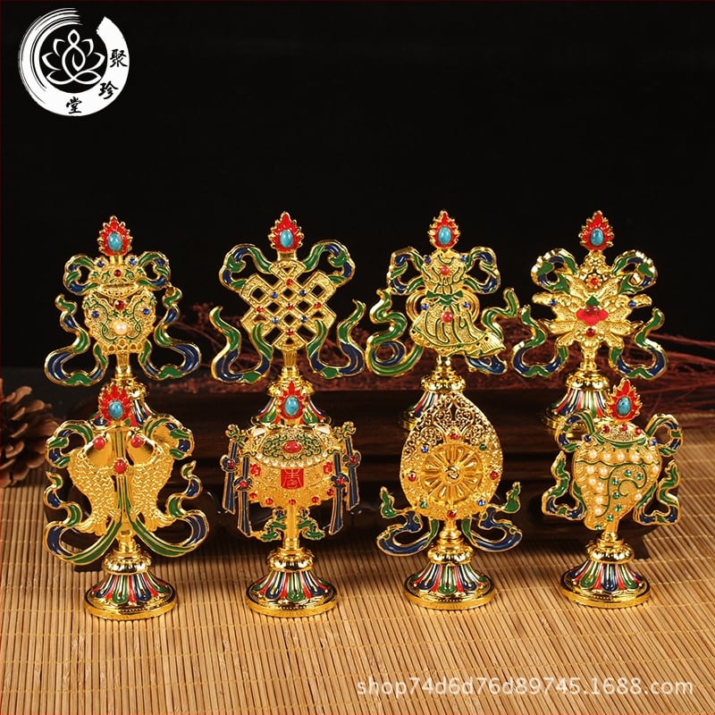 Tibetský štýl – zlatom pokryté osem pokladov a set Budhových sôch pre tantrické rituály