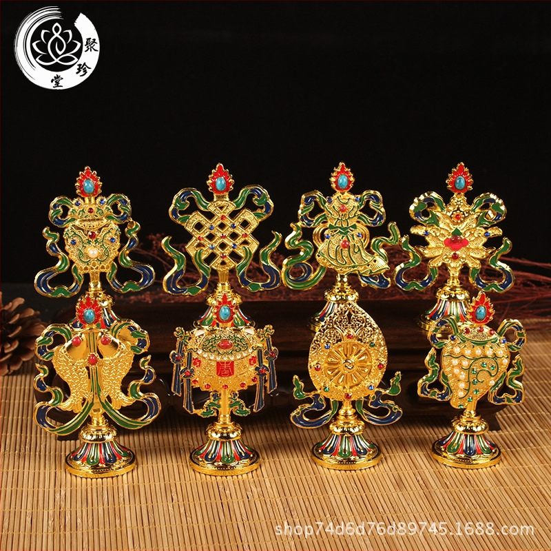 Tibetský štýl – zlatom pokryté osem pokladov a set Budhových sôch pre tantrické rituály