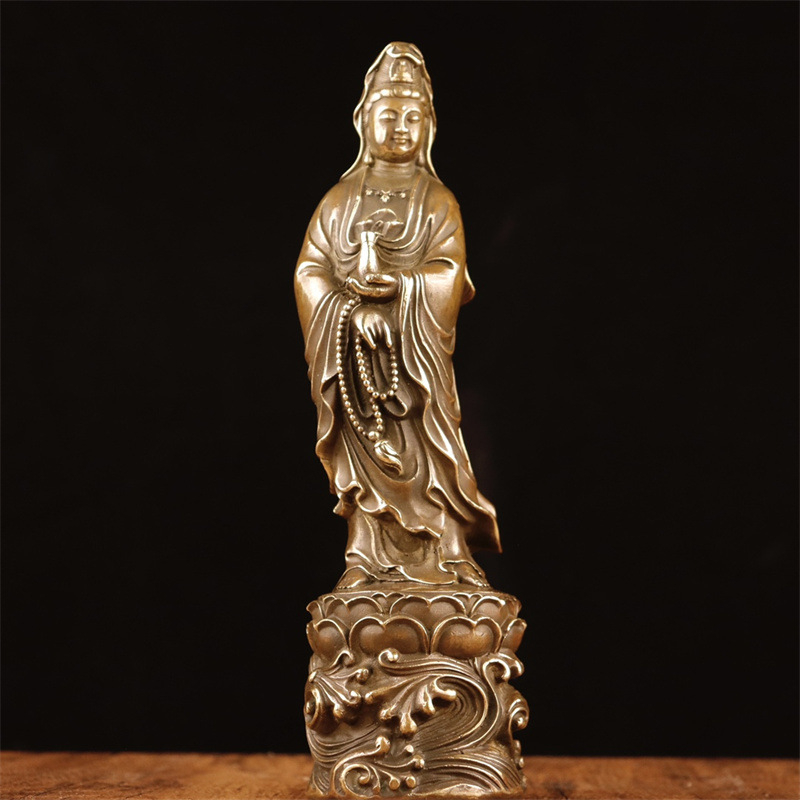 Statuetă din cupru Guanyin Bodhisattva în picioare, pentru închinare acasă