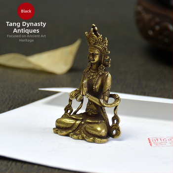 Mini statuie Buddha din cupru pur, cu Guanyin și Tara — turnare în tehnică veche, obiect din cupru vintage