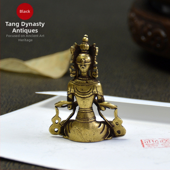 Mini statuie Buddha din cupru pur, cu Guanyin și Tara — turnare în tehnică veche, obiect din cupru vintage