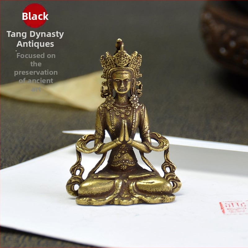 Mini statuie Buddha din cupru pur, cu Guanyin și Tara — turnare în tehnică veche, obiect din cupru vintage