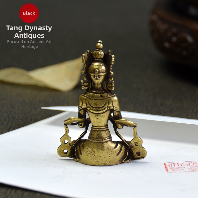 Mini statuie Buddha din cupru pur, cu Guanyin și Tara — turnare în tehnică veche, obiect din cupru vintage