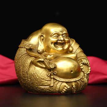 Statuetă din cupru cu Buddha Maitreya și Buddha zâmbitor, ornament decorativ metalic