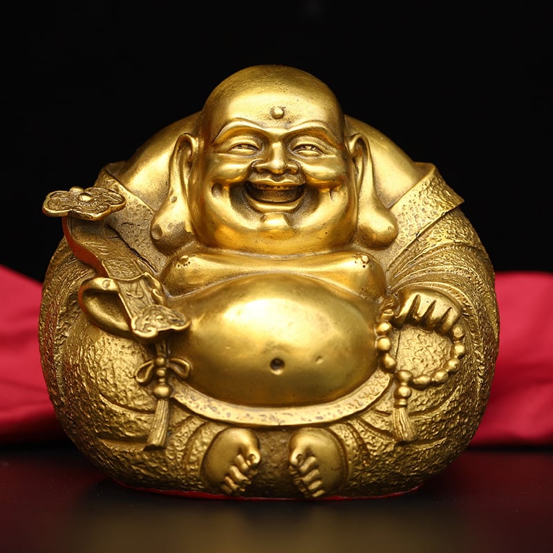 Statuetă din cupru cu Buddha Maitreya și Buddha zâmbitor, ornament decorativ metalic