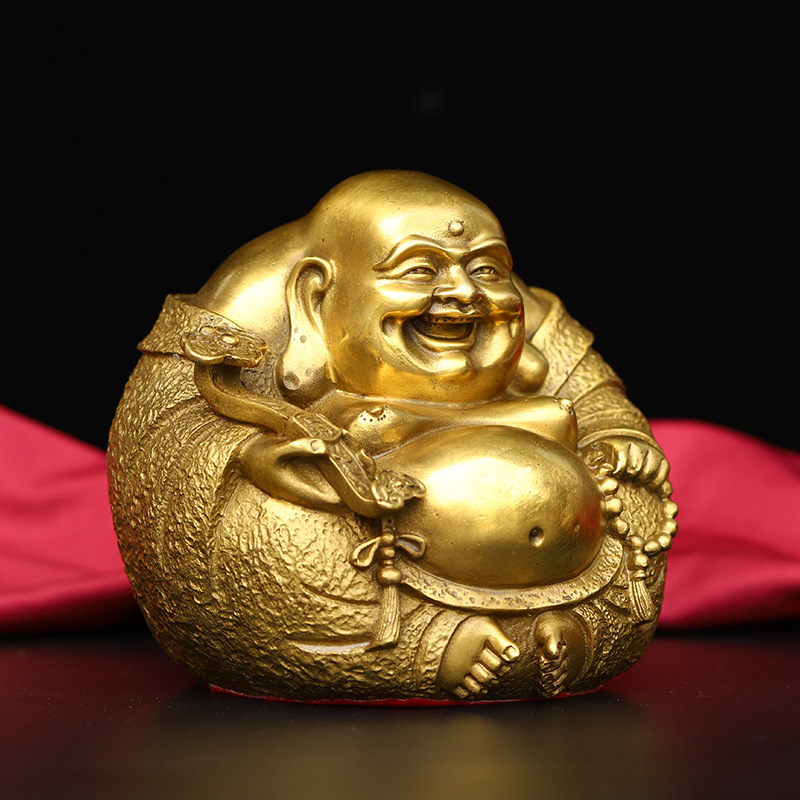 Statuetă din cupru cu Buddha Maitreya și Buddha zâmbitor, ornament decorativ metalic