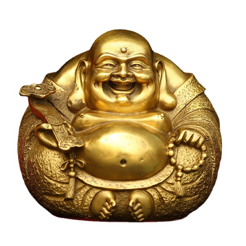 Statuetă din cupru cu Buddha Maitreya și Buddha zâmbitor, ornament decorativ metalic