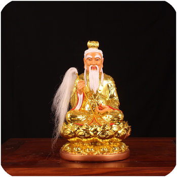 Statuia Taishang Laojun, rășină placată cu aur, zeu taoist pe bază de lotus, lucrată manual.
