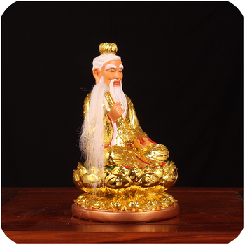Statuia Taishang Laojun, rășină placată cu aur, zeu taoist pe bază de lotus, lucrată manual.