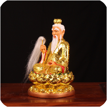 Statuia Taishang Laojun, rășină placată cu aur, zeu taoist pe bază de lotus, lucrată manual.
