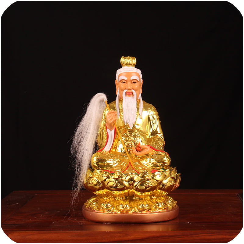 Statuia Taishang Laojun, rășină placată cu aur, zeu taoist pe bază de lotus, lucrată manual.