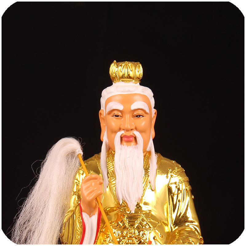 Statuia Taishang Laojun, rășină placată cu aur, zeu taoist pe bază de lotus, lucrată manual.