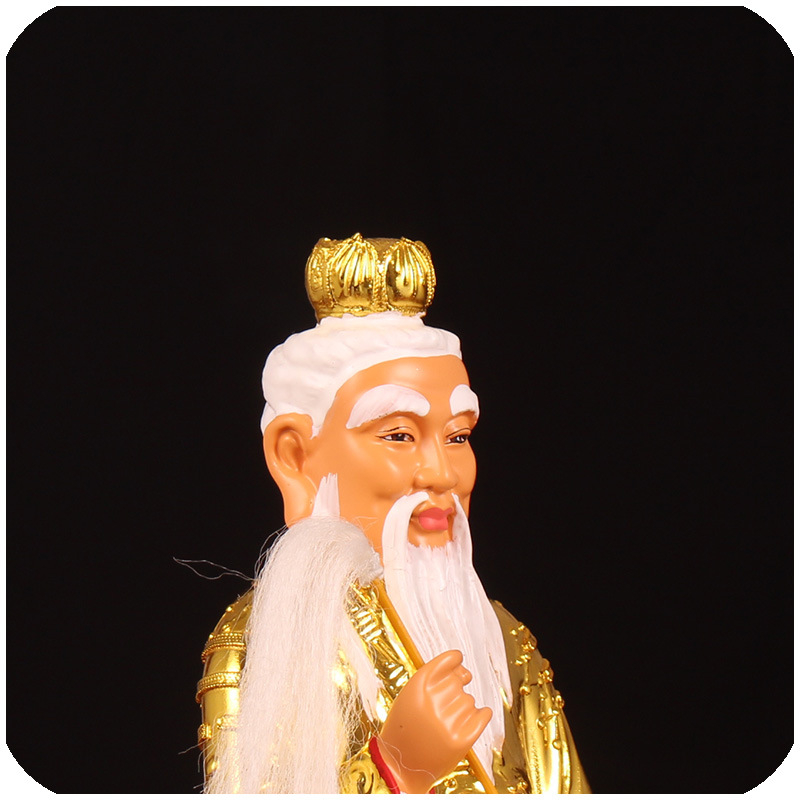 Statuia Taishang Laojun, rășină placată cu aur, zeu taoist pe bază de lotus, lucrată manual.