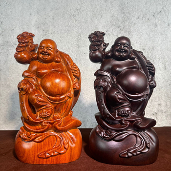 Statuie a lui Maitreya Buddha zâmbitor, mare, sculptată din lemn de trandafir roșu, decor pentru sufragerie