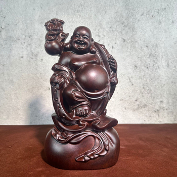 Statuie a lui Maitreya Buddha zâmbitor, mare, sculptată din lemn de trandafir roșu, decor pentru sufragerie