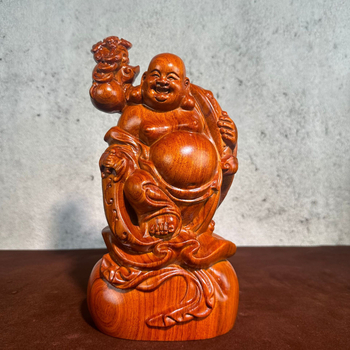Statuie a lui Maitreya Buddha zâmbitor, mare, sculptată din lemn de trandafir roșu, decor pentru sufragerie