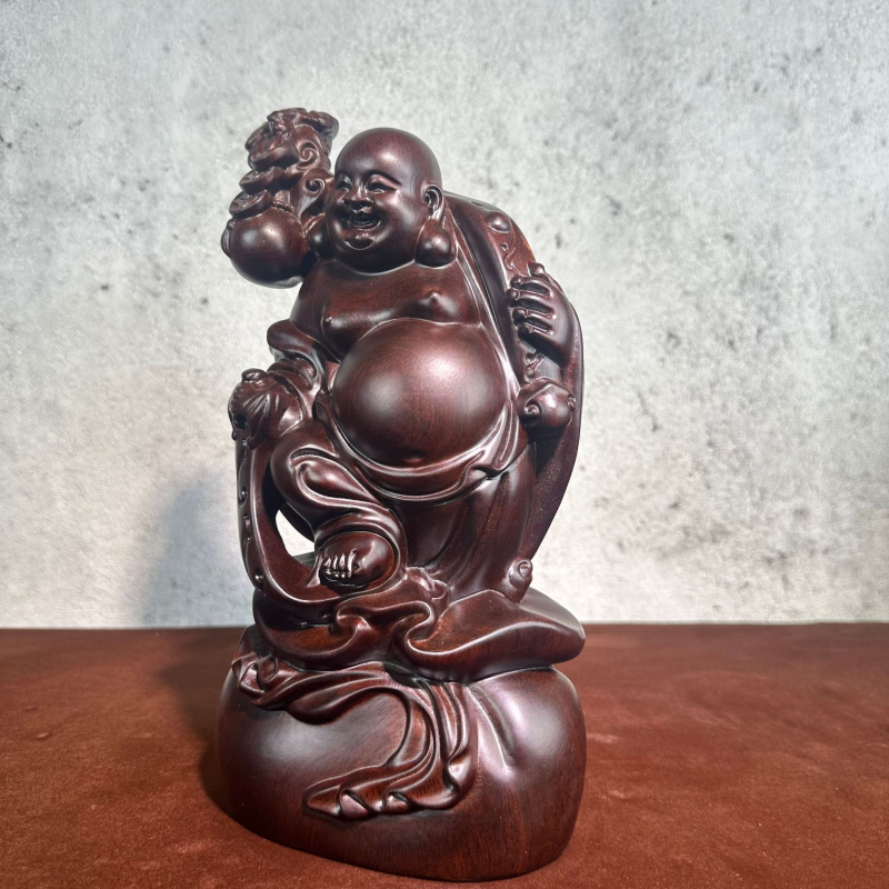 Statuie a lui Maitreya Buddha zâmbitor, mare, sculptată din lemn de trandafir roșu, decor pentru sufragerie