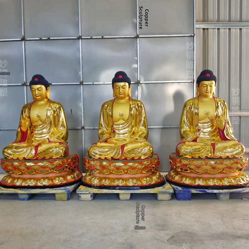 Statuie din cupru Amitabha Buda pentru templu, Buda Medic pe lotus cu Maitreya, deitate aurită la comandă