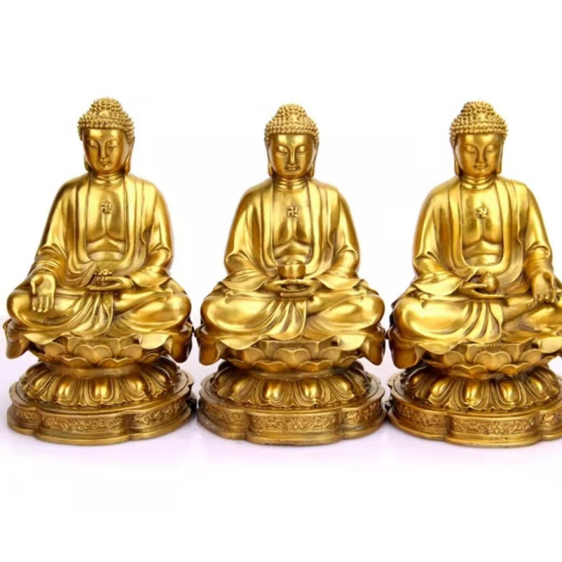 Statuie din cupru Amitabha Buda pentru templu, Buda Medic pe lotus cu Maitreya, deitate aurită la comandă