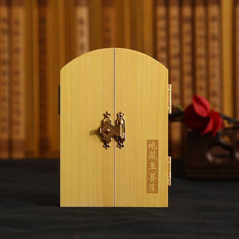 Statuetă Buddha sculptată din boxwood – Bodhisattva Kṣitigarbha, în trei părți, ornament din lemn pentru cadou