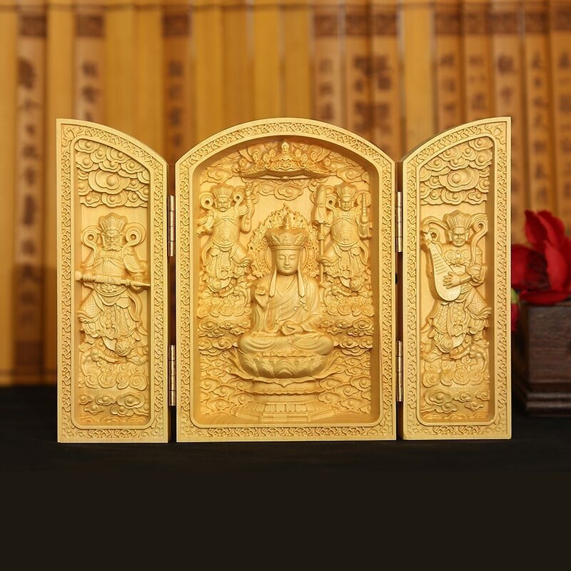 Statuetă Buddha sculptată din boxwood – Bodhisattva Kṣitigarbha, în trei părți, ornament din lemn pentru cadou