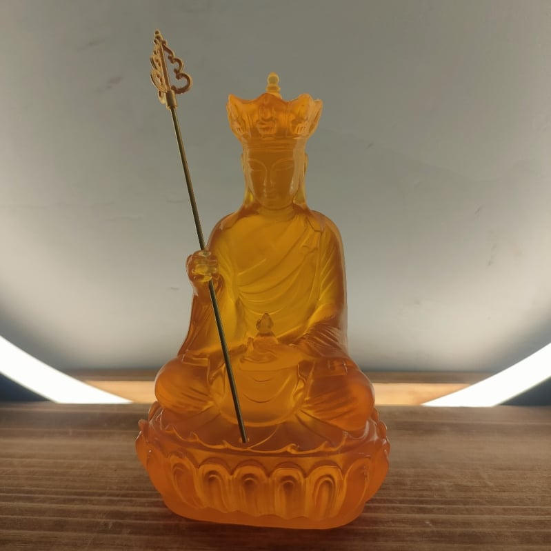 Bodhisattva Ksitigarbha, șezând pe un tron de lotus, statuetă din rășină pentru altarul de acasă