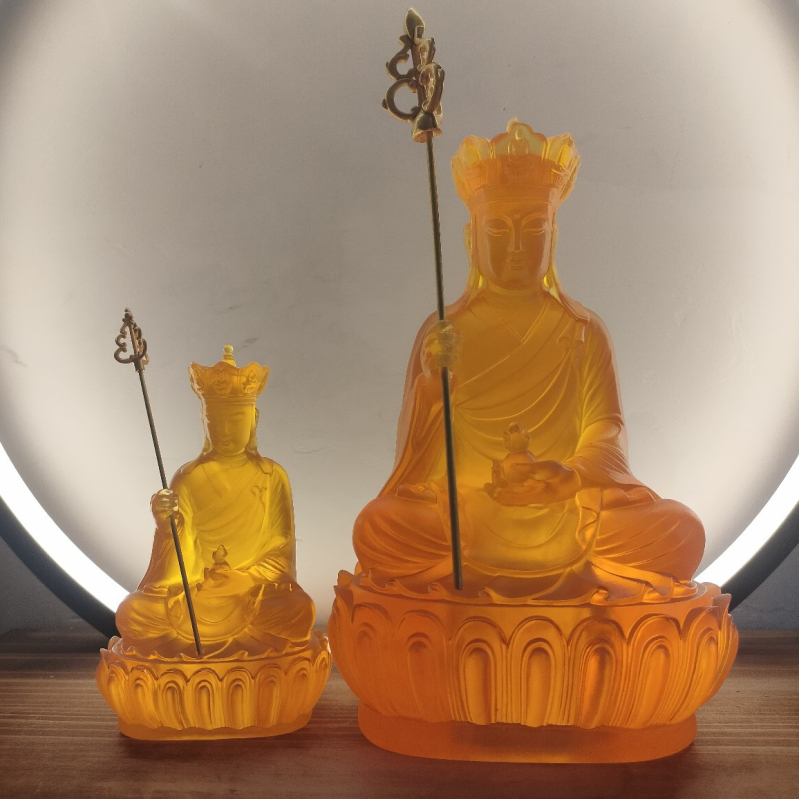 Bodhisattva Ksitigarbha, șezând pe un tron de lotus, statuetă din rășină pentru altarul de acasă