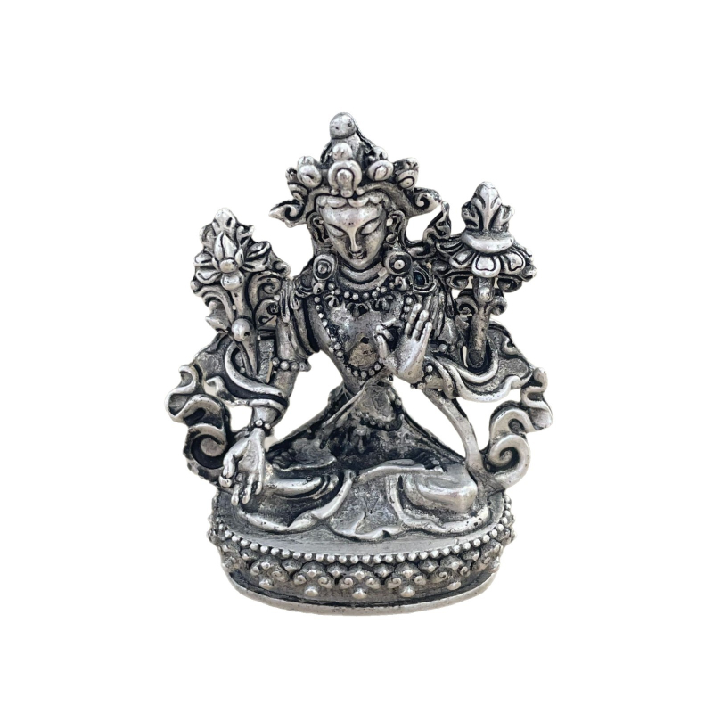 Statuetă tibetiană antic placată cu argint: Guanyin cu mii de brațe, Green Tara și Buddha-ul Medicine Bodhisattva – statuetă de buzunar