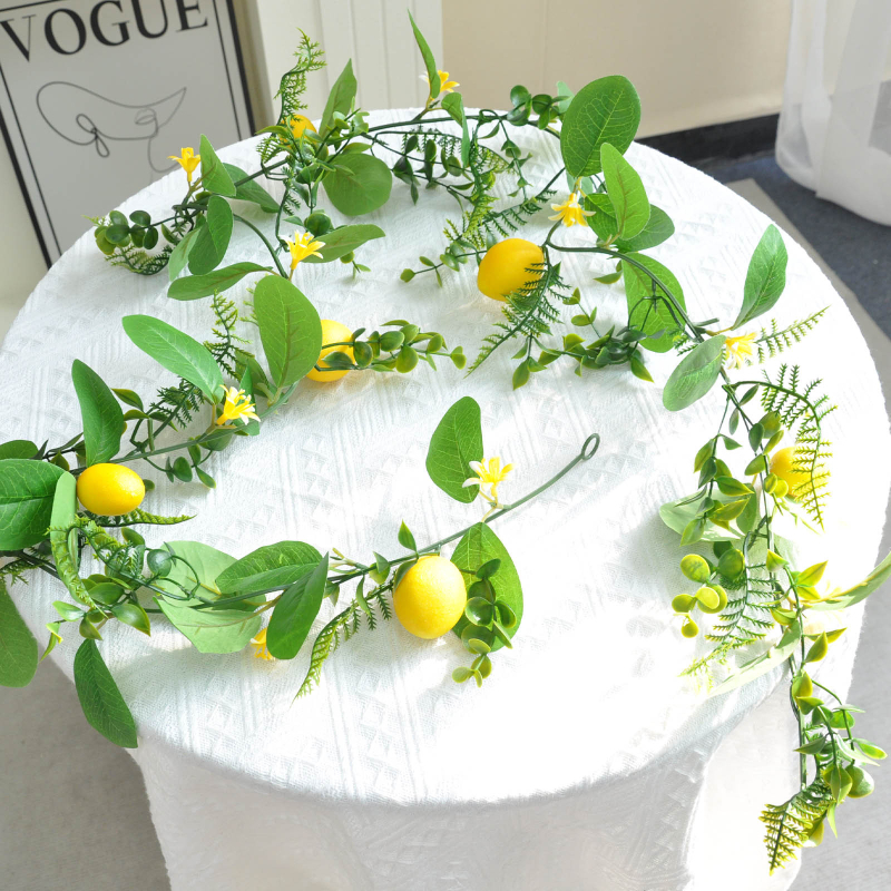 Ghirlandă artificială din răchită cu lămâi – decor de primăvară-vară, plantă verde pentru uși și pereți, decor pentru nunți și sărbători